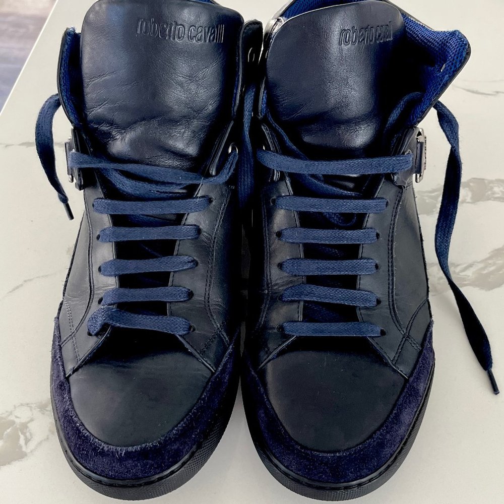 ROBERTO CAVALLI Leather High Top Sneaker Blue RARE pre owned US Size 10/44 Men's
